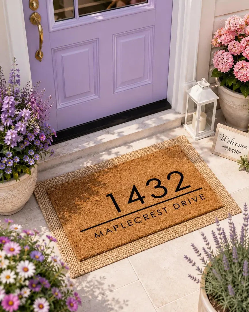 Rectangular coir doormat with a modern house number and street name at a lavender front door