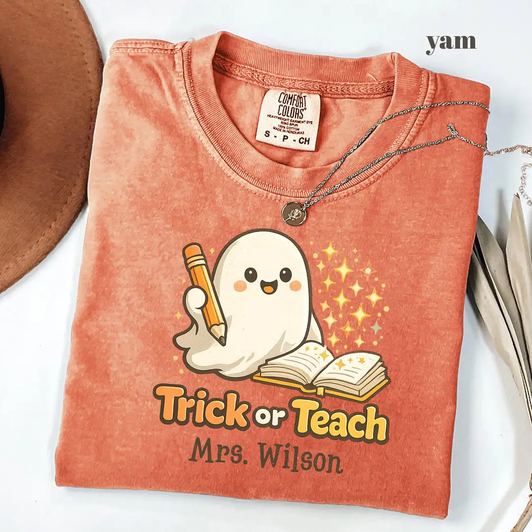 Yam Comfort Colors 1717 T-shirt with Halloween Teacher design view 2