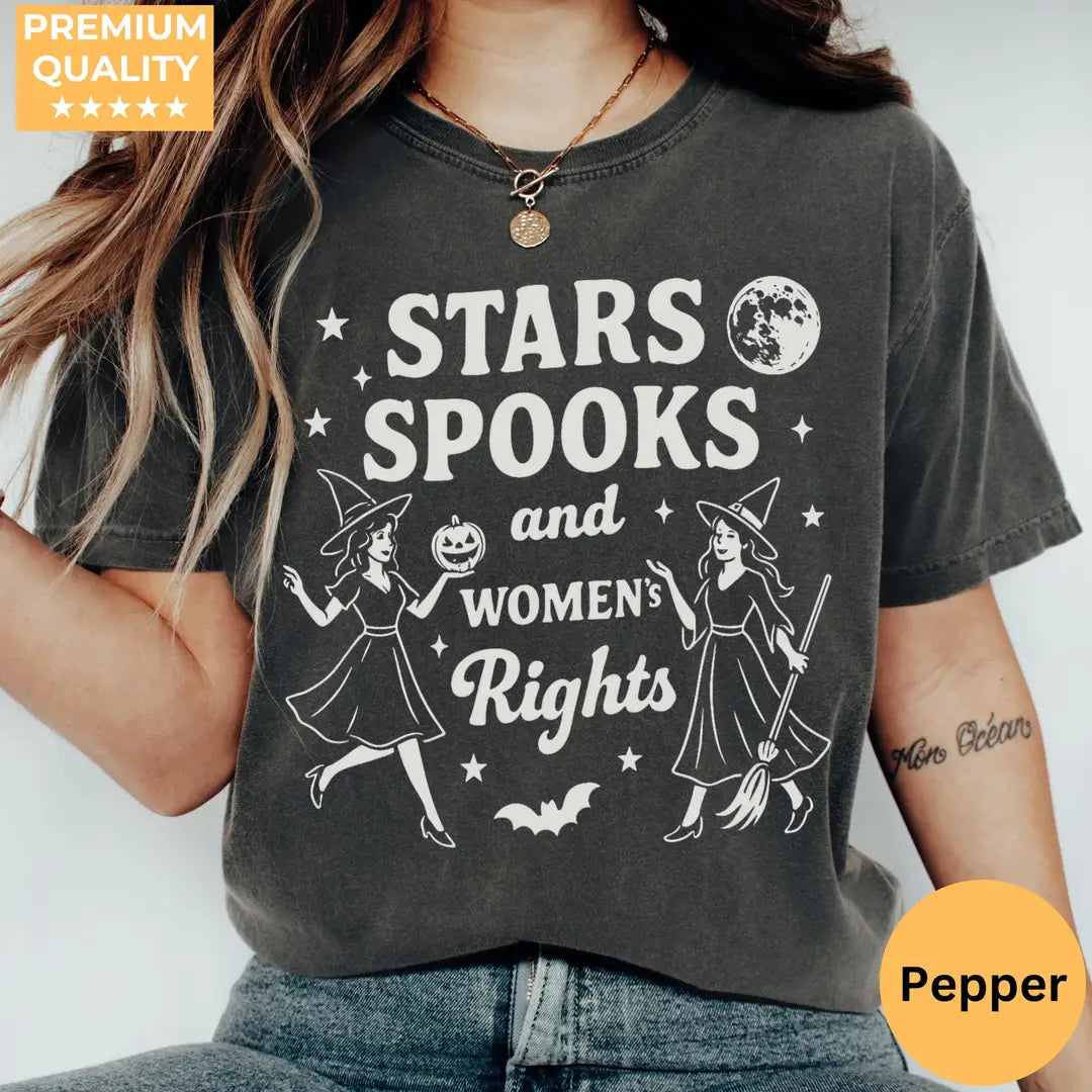 Stars Spooks & Women's Rights - Witch Halloween Comfort Colors T-Shirt hero view in Pepper.