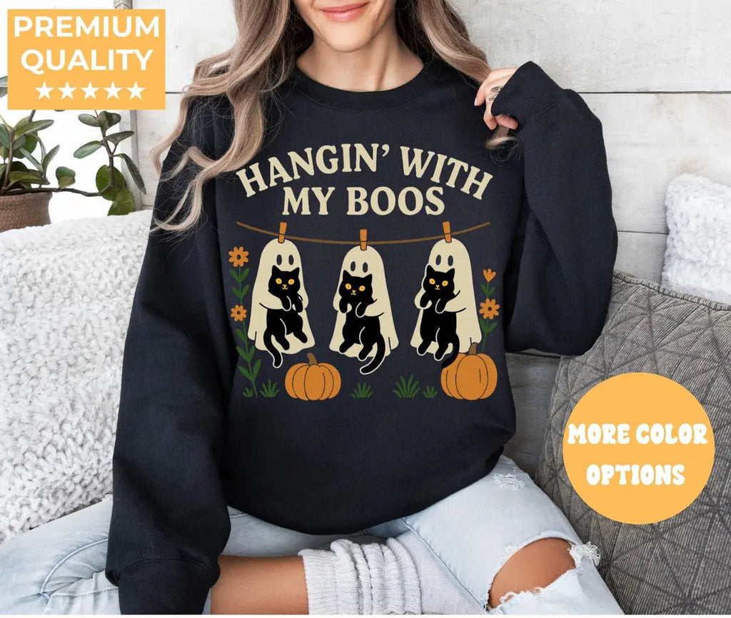 Black Crewneck sweatshirt with Halloween Black Cat & Ghost design, alternate product view.