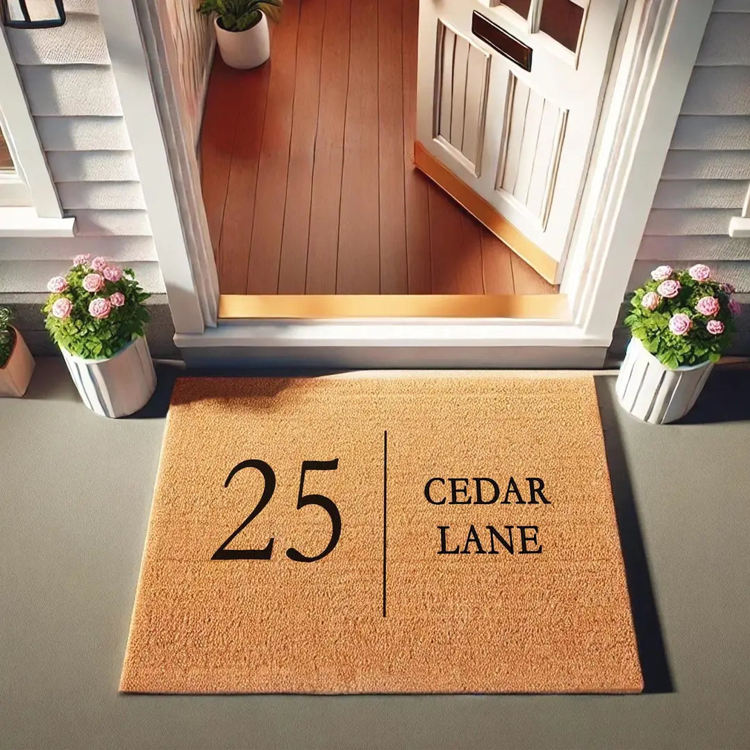 Coir doormat with a house number and street name at an open white door with potted pink flowers and a wood floor inside