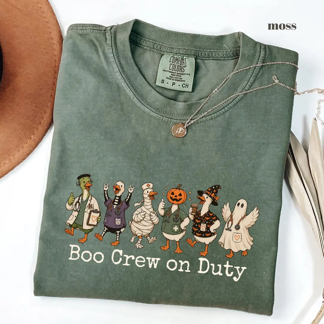 Moss Comfort Colors 1717 T-shirt with Boo Crew on Duty Halloween Nurse design view 2