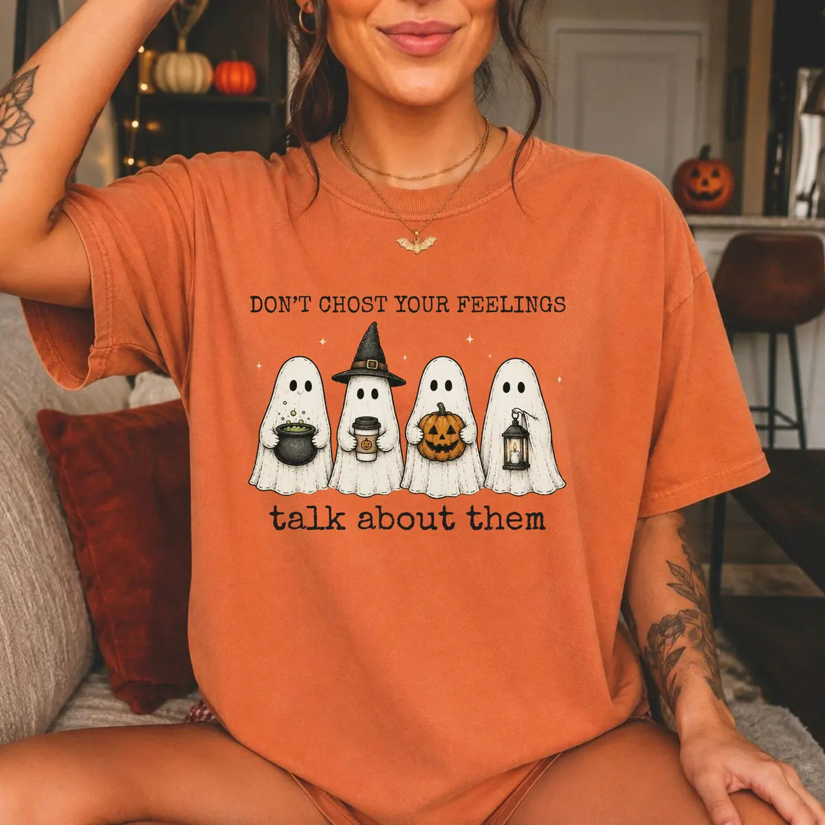 Comfort Colors 1717 T-shirt with Dont Ghost Your Feelings design worn by a model