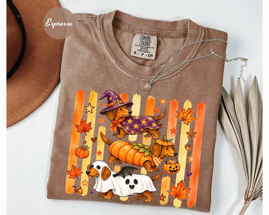 Espresso Comfort Colors 1717 T-shirt with Halloween Dachshund design