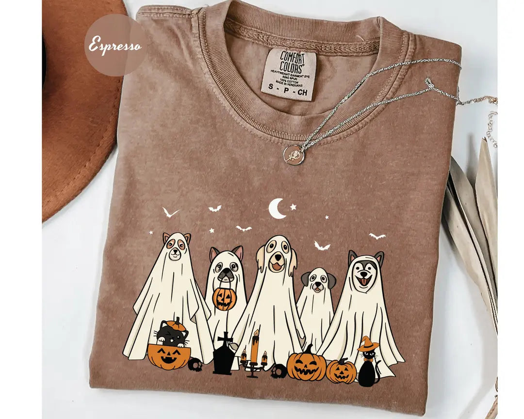 Espresso Comfort Colors 1717 T-shirt with Halloween Ghost Dog design