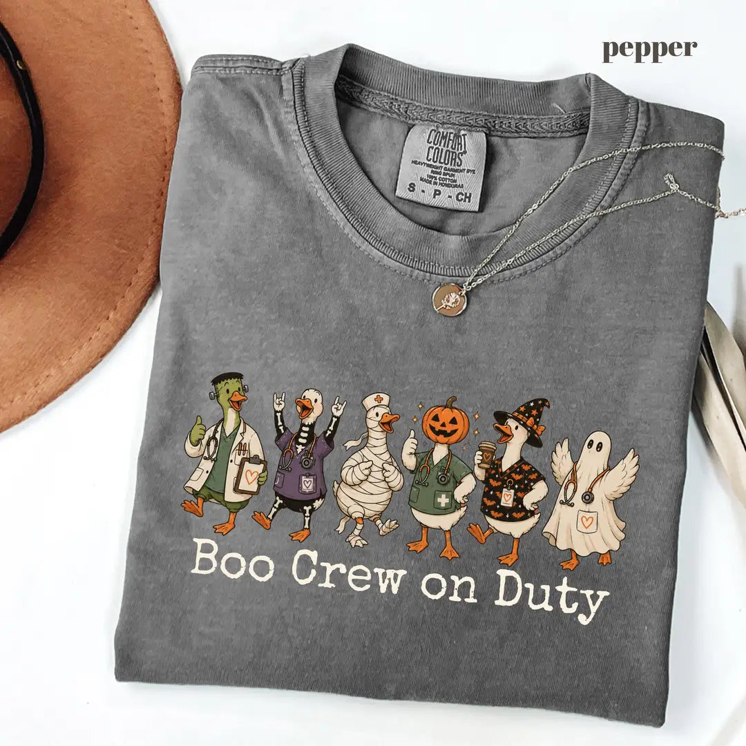 Pepper Comfort Colors 1717 T-shirt with Boo Crew on Duty Halloween Nurse design