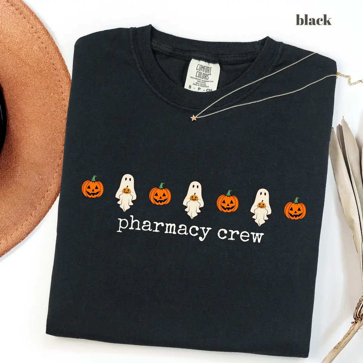 Black CF Comfort Colors 1717 T-shirt with Pharmacy Crew Halloween design