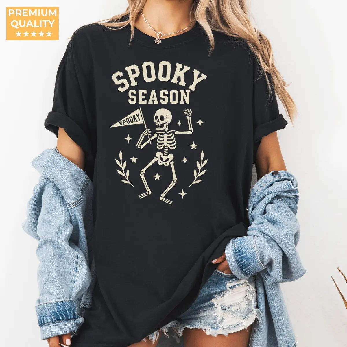 Spooky Season Skeleton - Retro Halloween Comfort Colors T-Shirt alternate product view in Black.