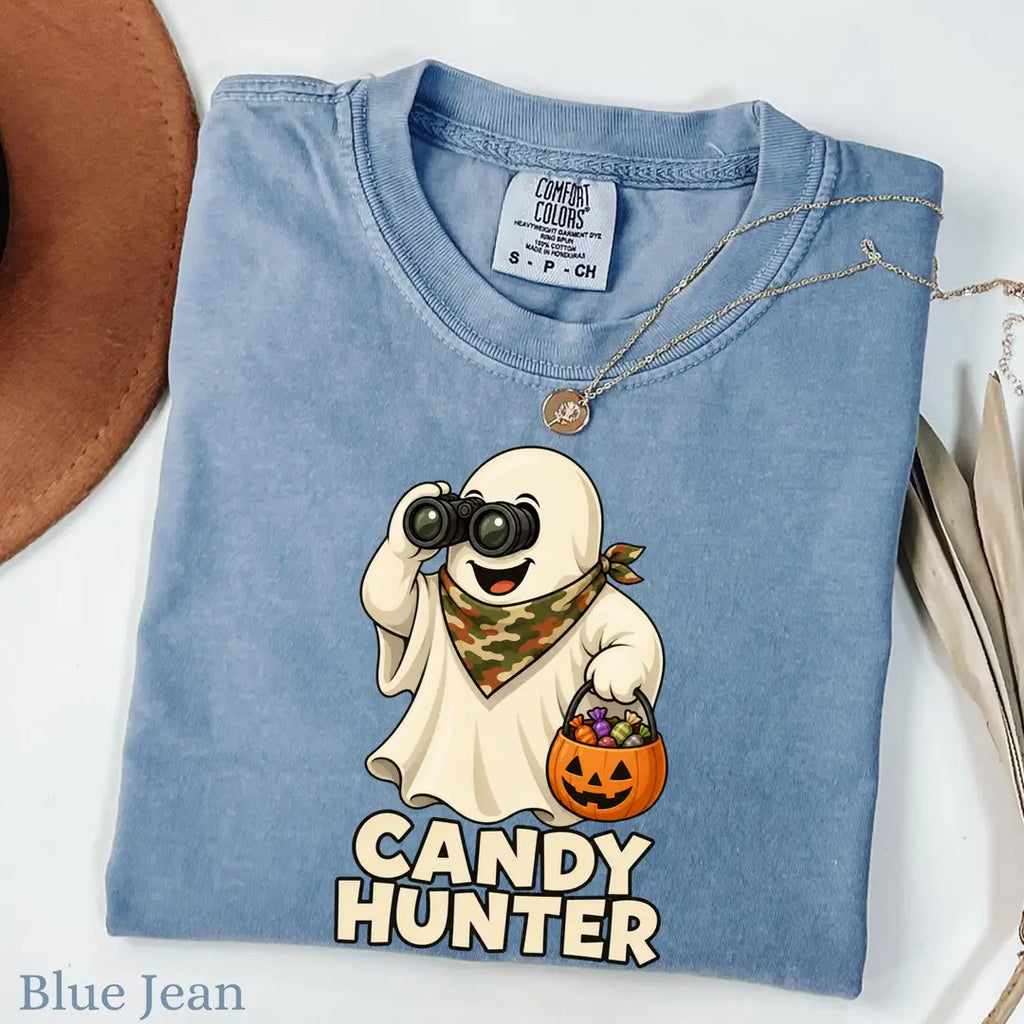 Candy Hunter Camo Halloween Comfort Colors T-Shirt alternate product view in Blue Jean.