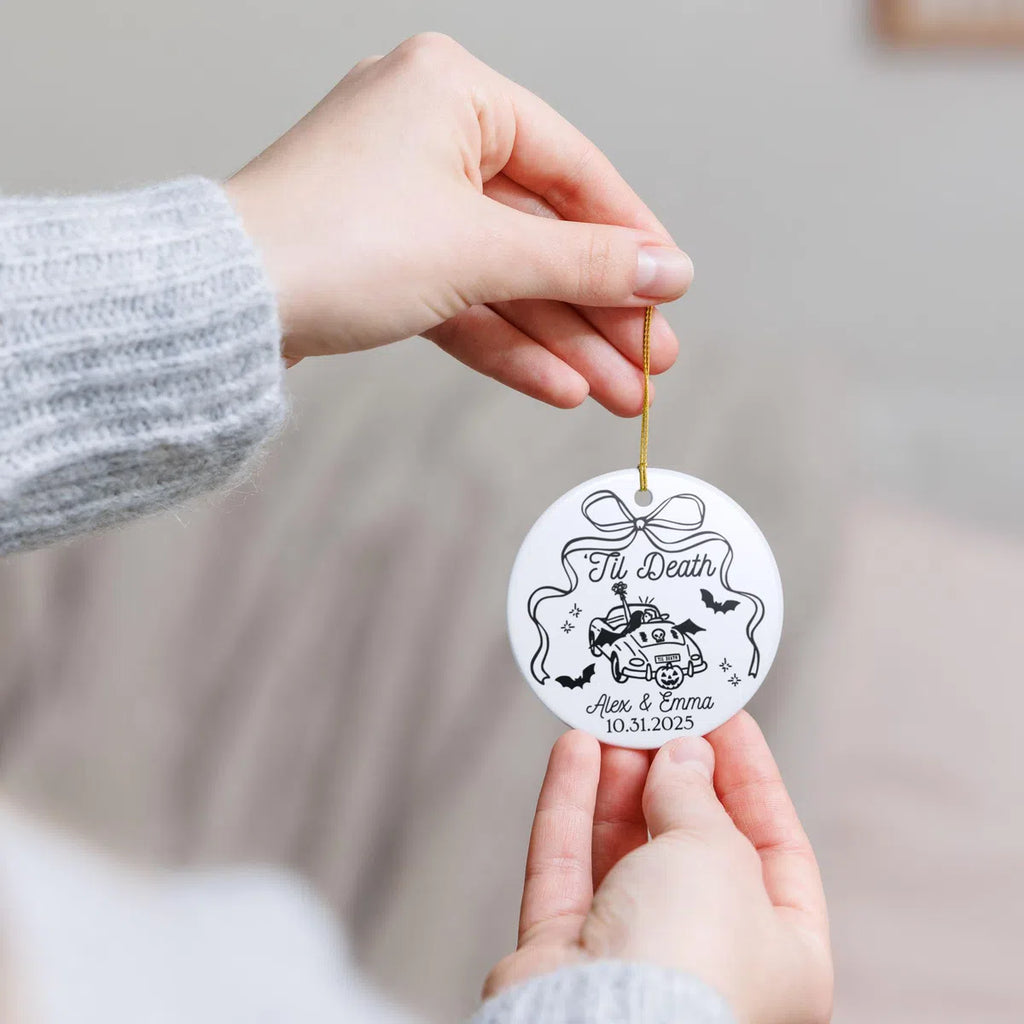 Additional view of a Til Death personalized ceramic ornament.