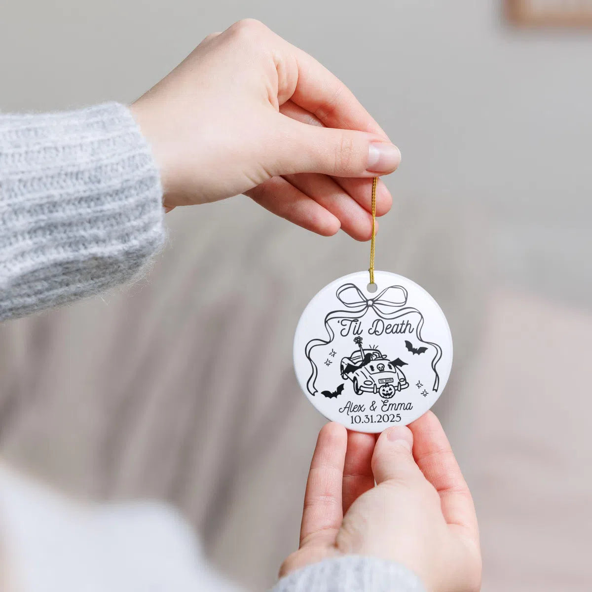Additional view of a Til Death personalized ceramic ornament.