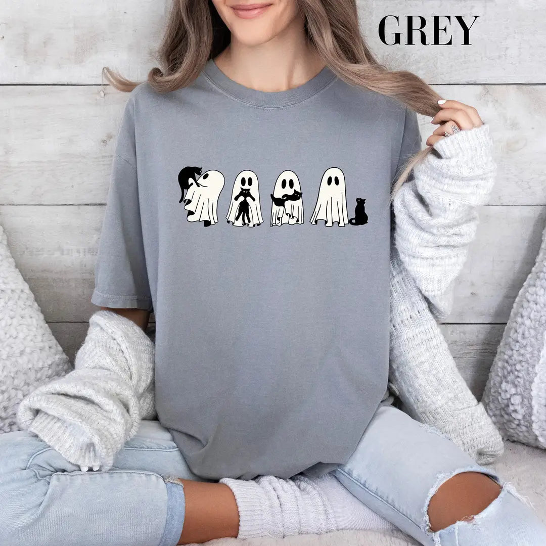 Comfort Colors 1717 T-shirt with Halloween Black Cat and Ghost design alternate view view 2