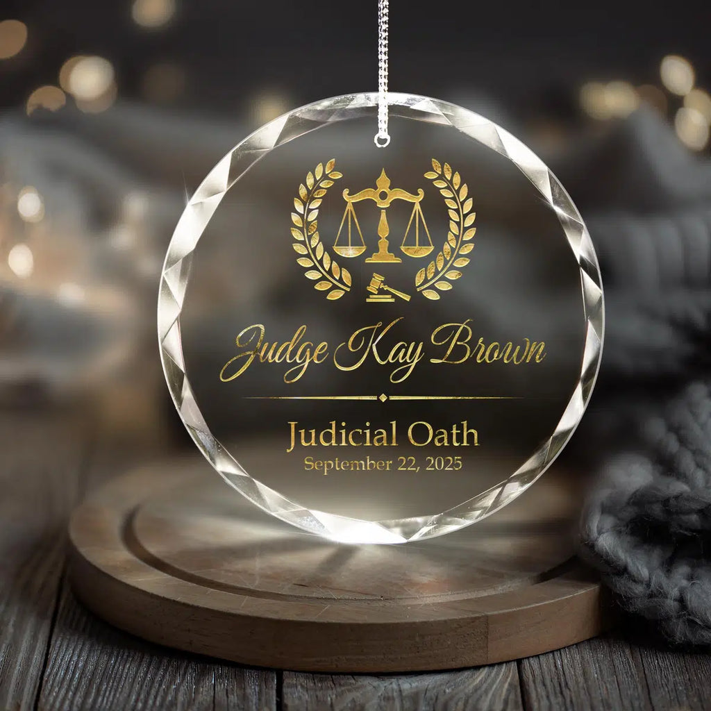 Additional view of a Law Judge personalized engraved engraved crystal glass ornament.