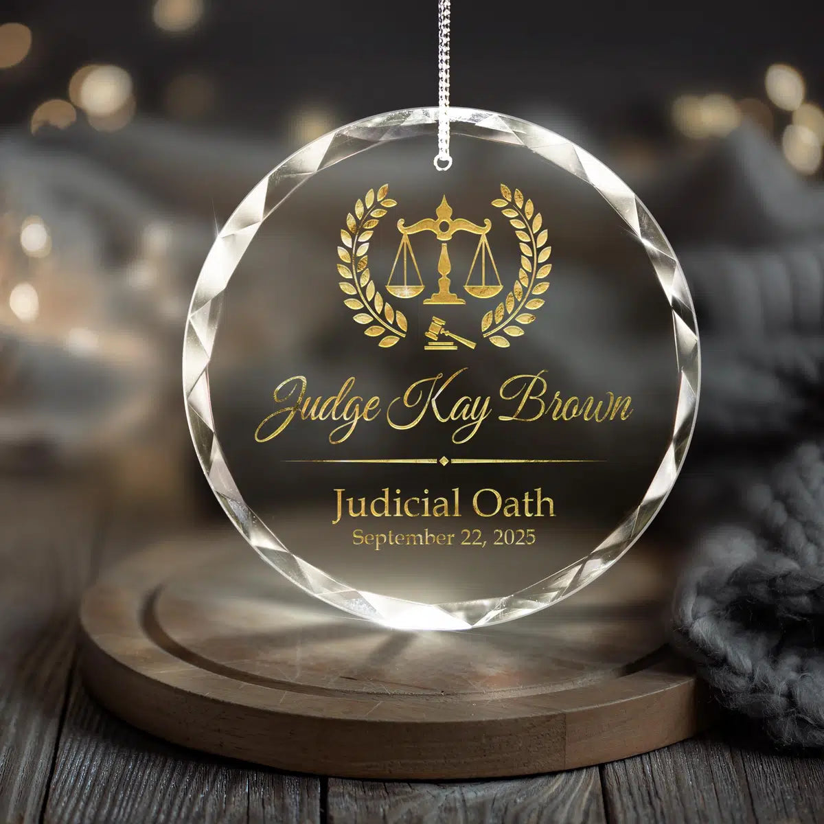 Additional view of a Law Judge personalized engraved engraved crystal glass ornament.