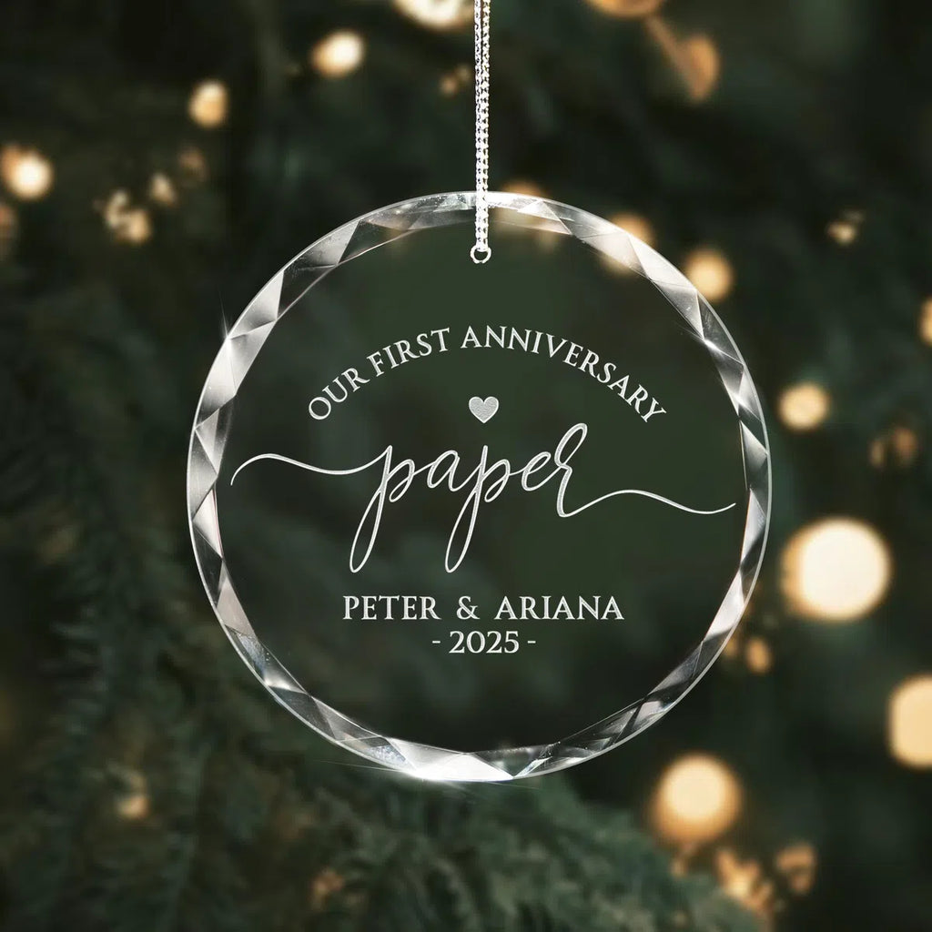 Additional view of a First Anniversary personalized engraved engraved crystal glass ornament.
