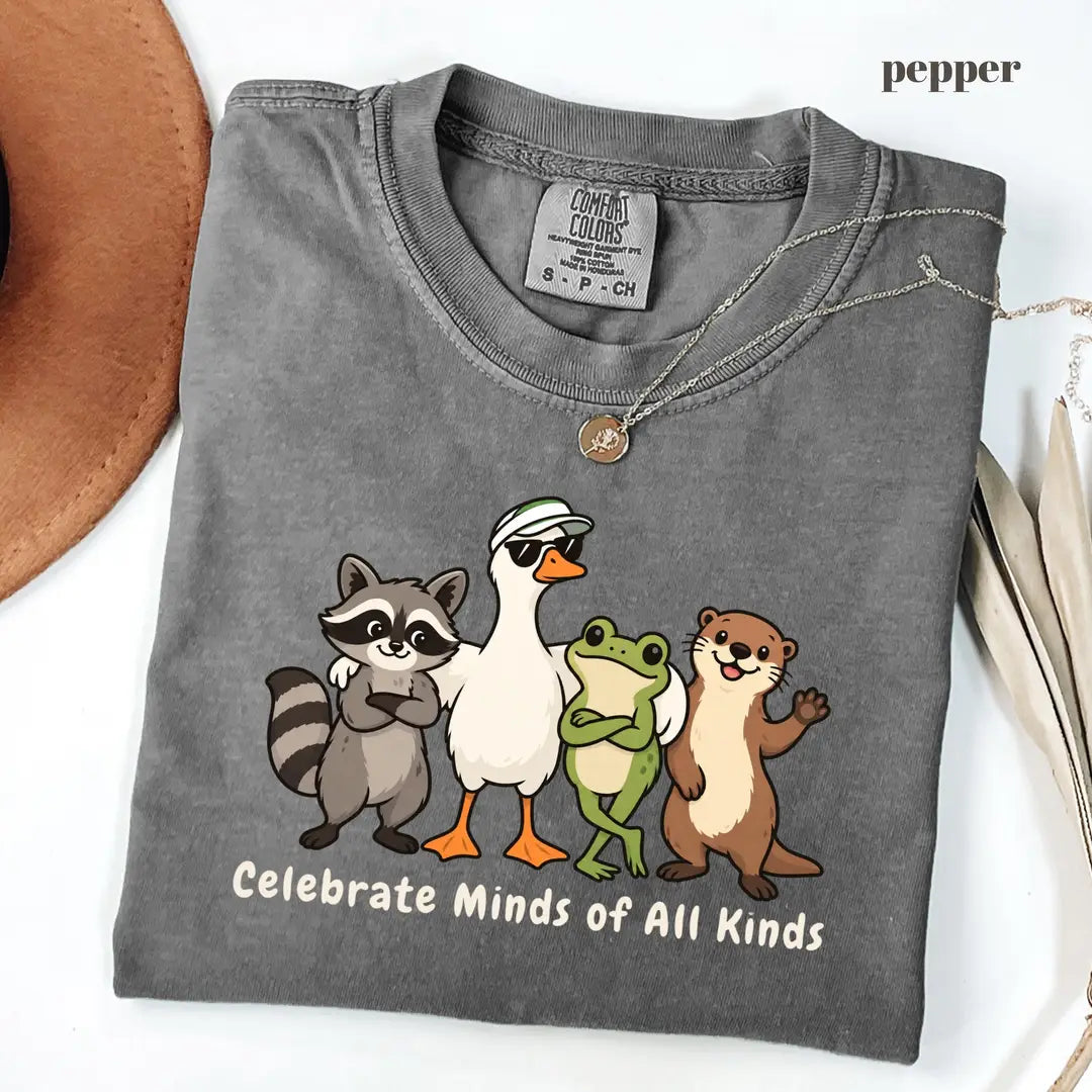 Pepper Comfort Colors 1717 T-shirt with Celebrate Minds of All Kinds design worn by a model