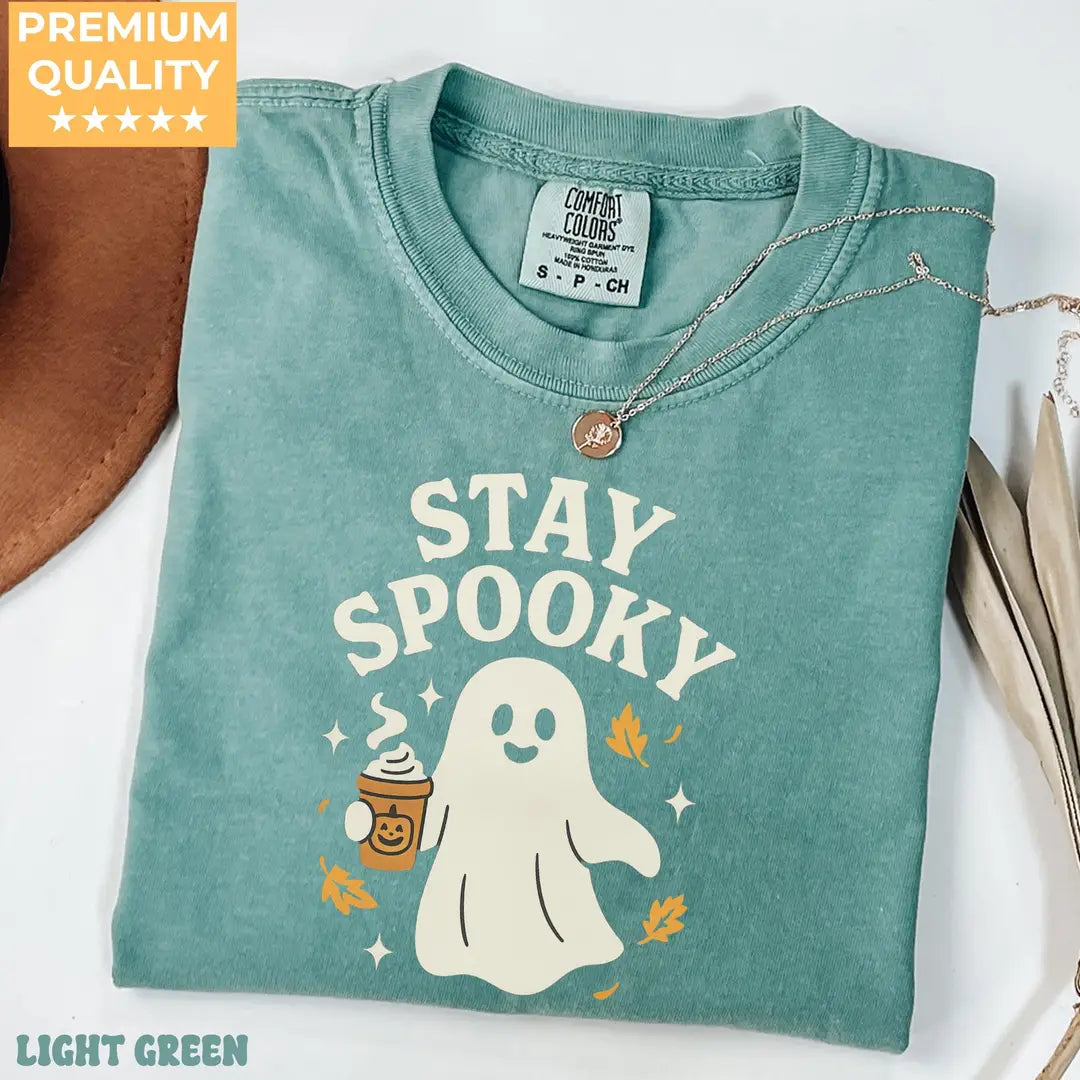 Stay Spooky Coffee Ghost - Fall Halloween Comfort Colors T-Shirt alternate product view in Light Green.