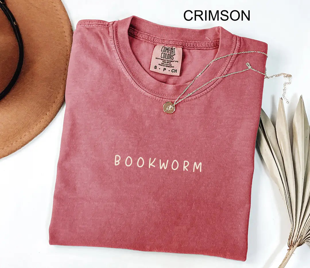 Crimson Comfort Colors 1717 T-shirt with Bookworm design
