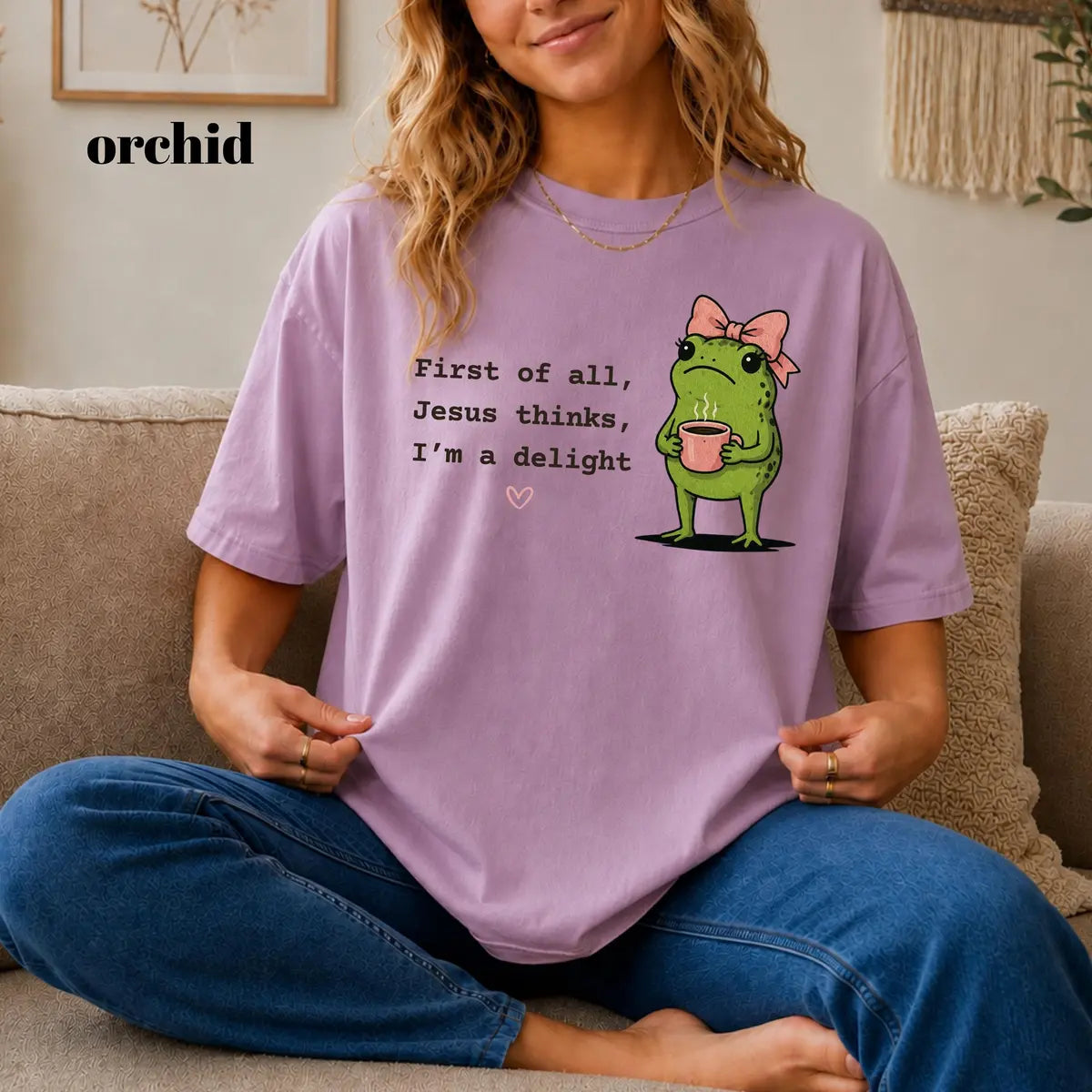 Comfort Colors 1717 T-shirt with First of All Jesus Thinks Im a Delight design worn by a model