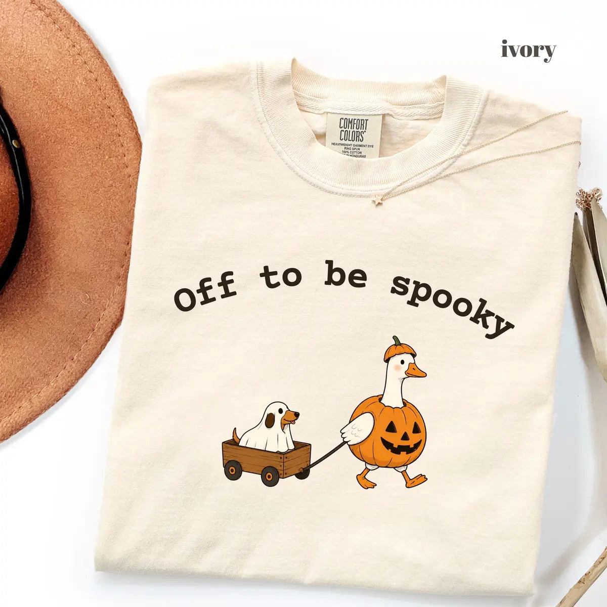 Ivory Comfort Colors 1717 T-shirt with Off To Be Spooky design worn by a model