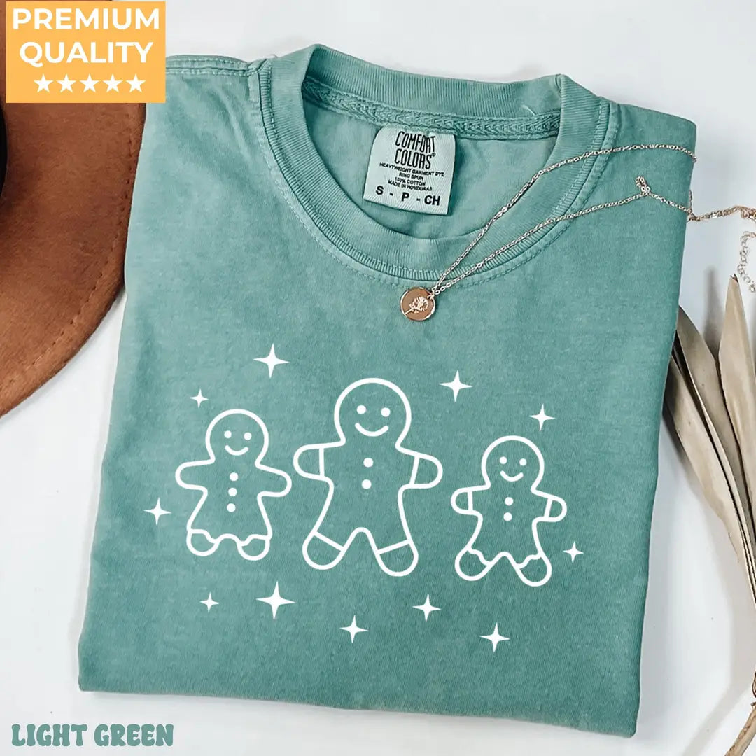 Light Green Comfort Colors 1717 T-shirt with Gingerbread Cute Christmas Gingerbread Man Women Holiday T Winter Gift for Baker Christmas Top design, alternate product view.