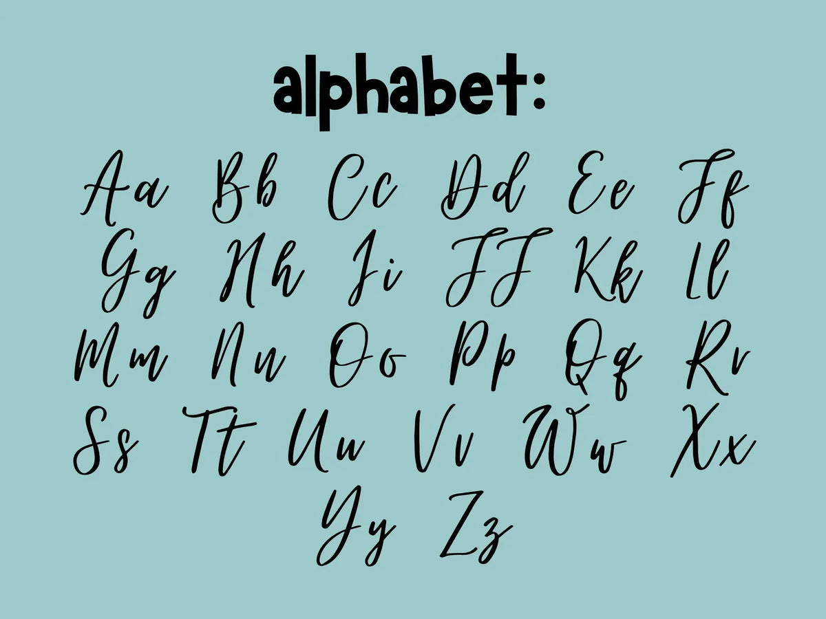 Script alphabet card showing upper and lower case letters of the lettering style