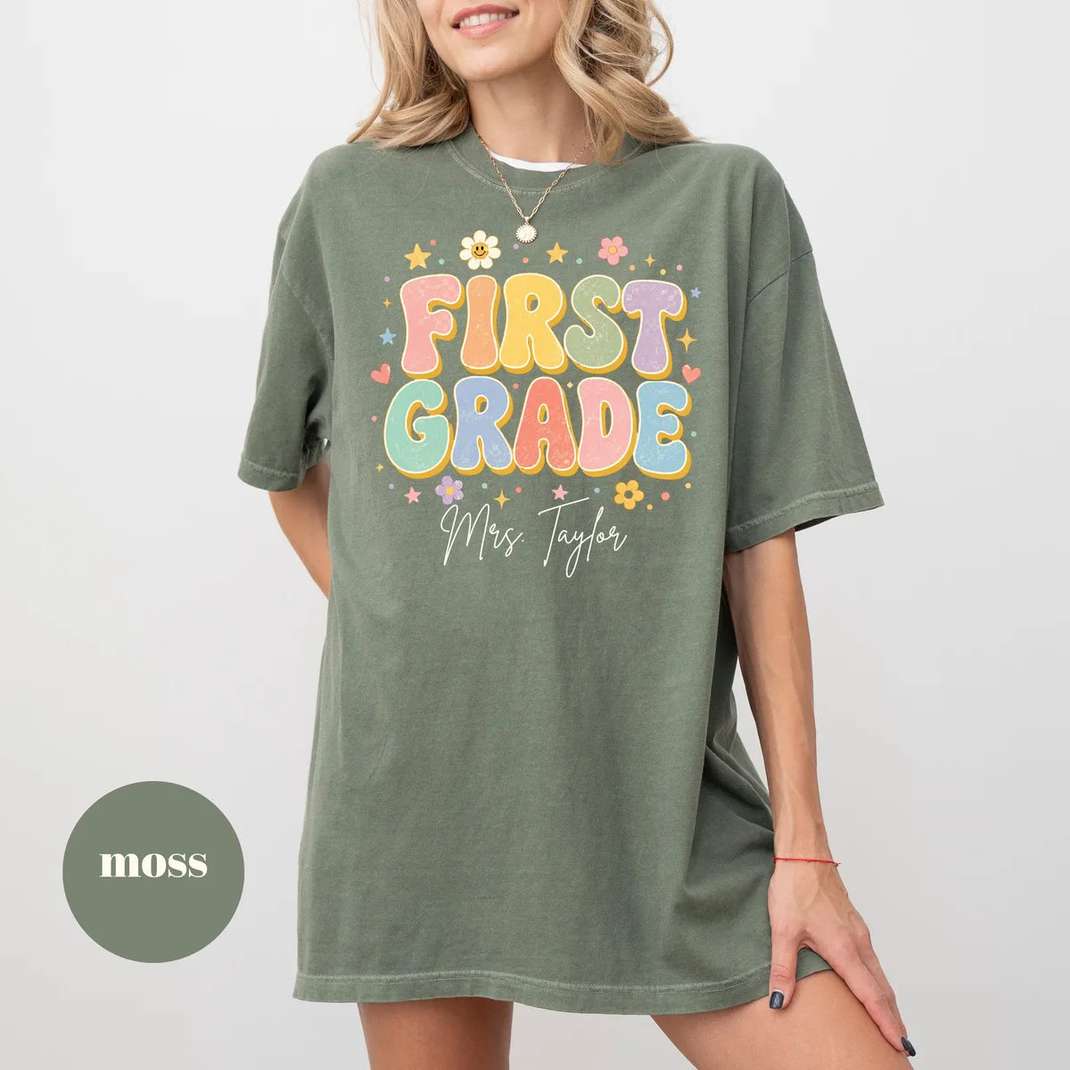 Moss Comfort Colors 1717 T-shirt with First Grade Teacher design