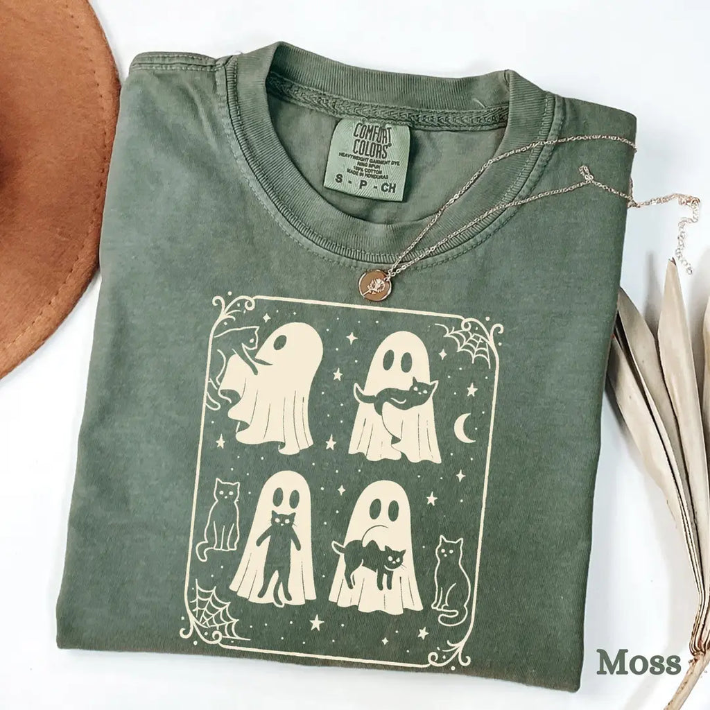 Ghosts & Black Cats - Gothic Halloween Comfort Colors T-Shirt alternate product view in Moss.