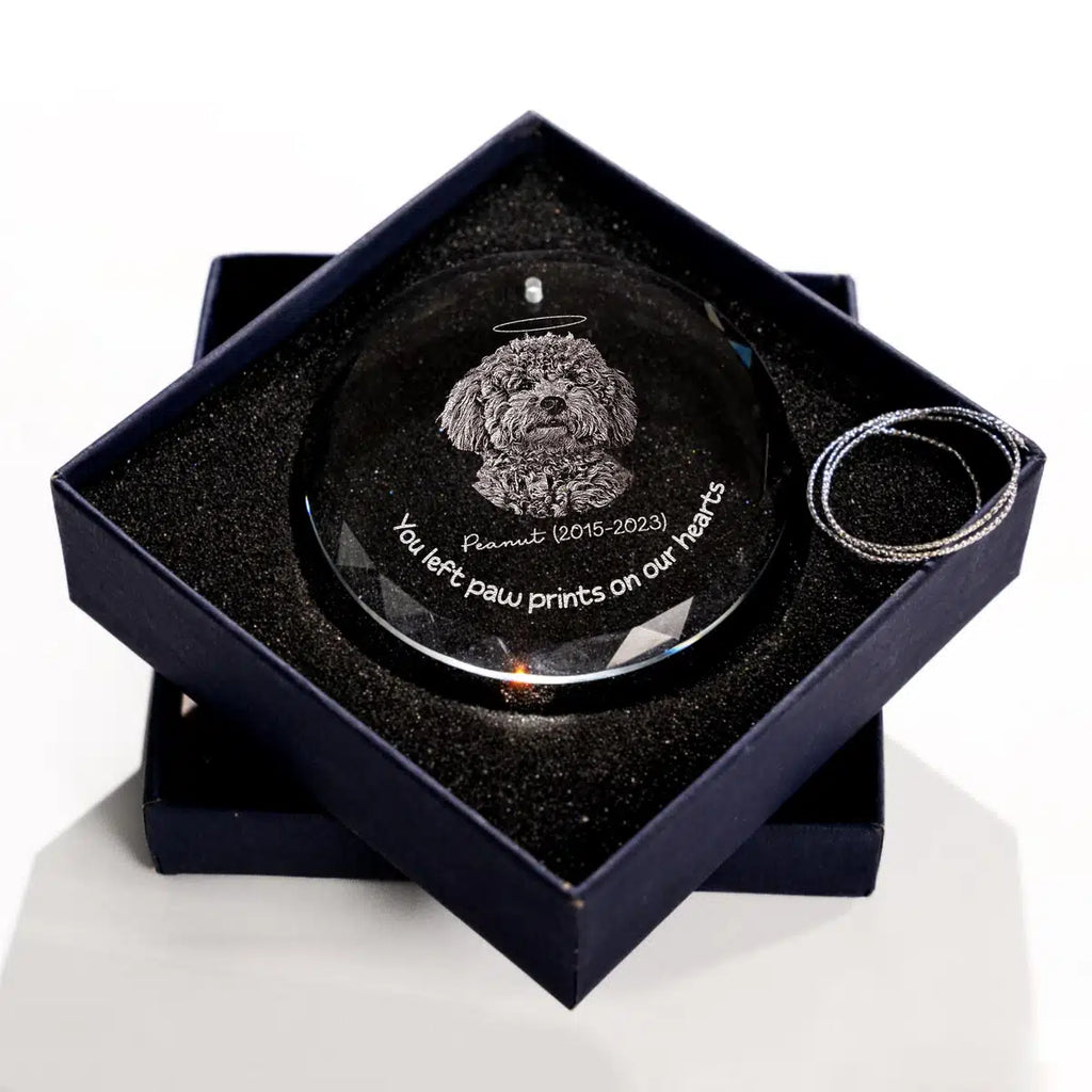Additional view of a Pet Memorial personalized engraved engraved crystal glass ornament.