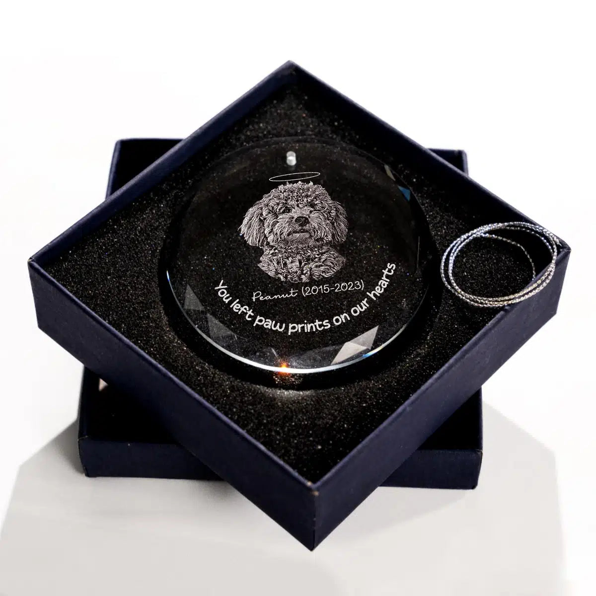 Additional view of a Pet Memorial personalized engraved engraved crystal glass ornament.
