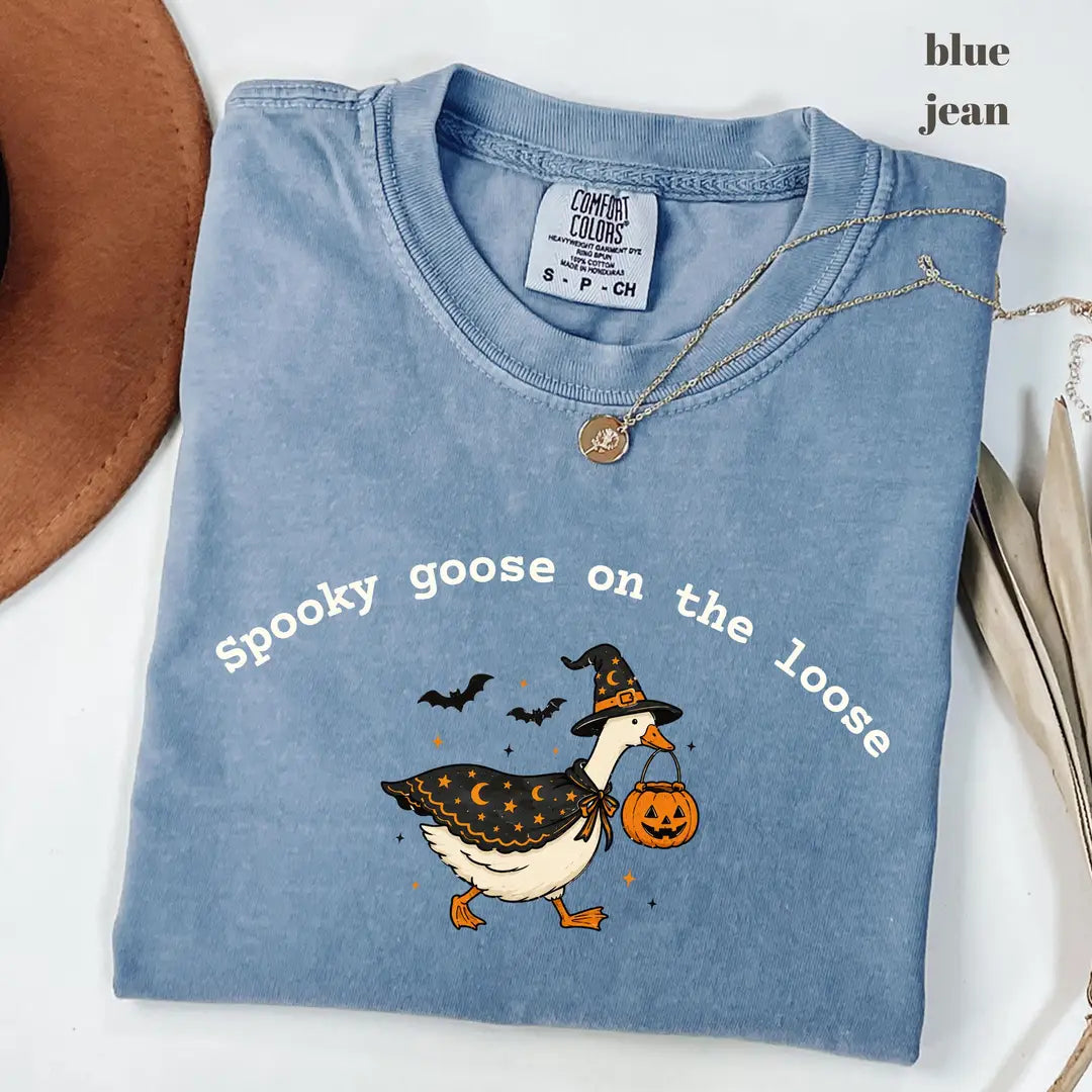 Blue Jean Comfort Colors 1717 T-shirt with Spooky Goose On The Loose design worn by a model