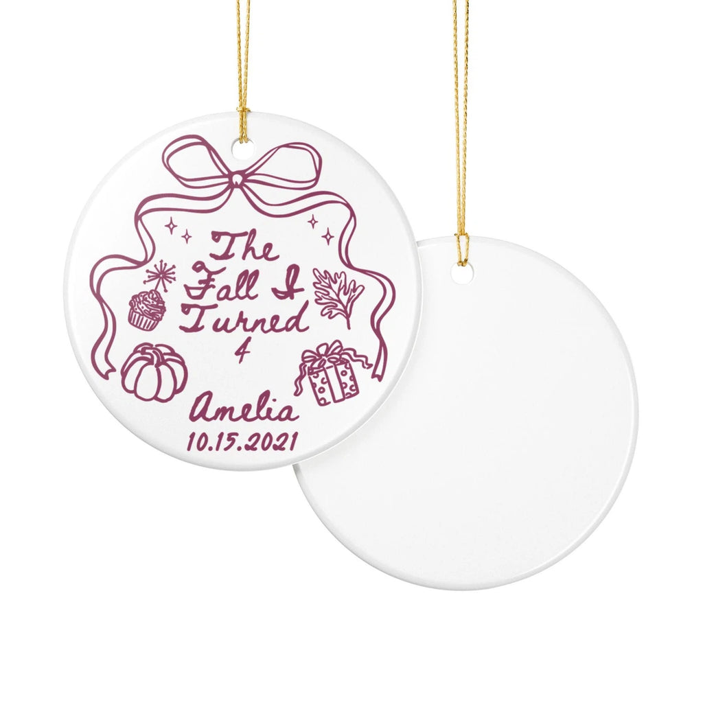 Front and back views of a Fall I Turned 4 personalized ceramic ornament.