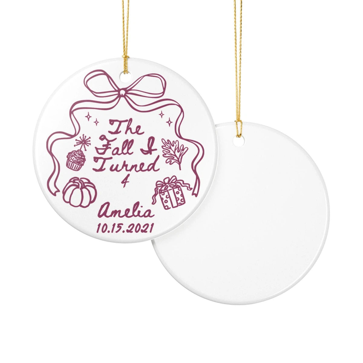 Front and back views of a Fall I Turned 4 personalized ceramic ornament.