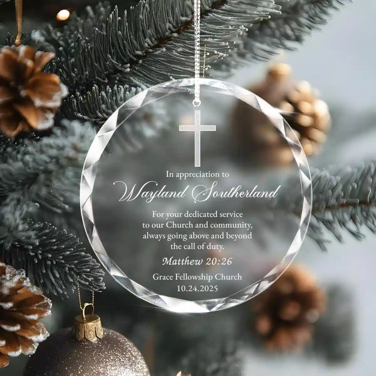 Additional view of a Church Appreciation personalized engraved engraved crystal glass ornament.