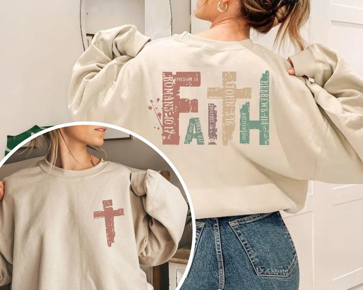 Pink Crewneck sweatshirt with Christian design, hero view.