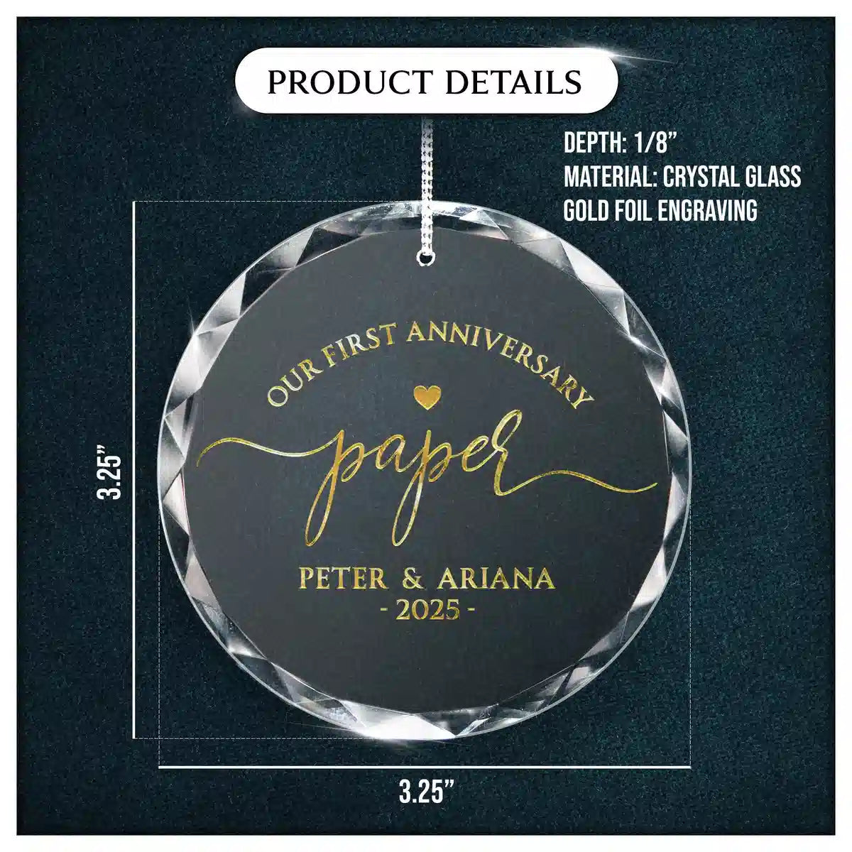 Product details card for a personalized engraved engraved crystal glass ornament, showing crystal glass construction, engraving, and a 3.25-inch size.