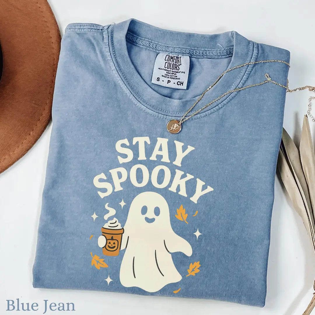 Stay Spooky Coffee Ghost - Fall Halloween Comfort Colors T-Shirt alternate product view in Blue Jean.