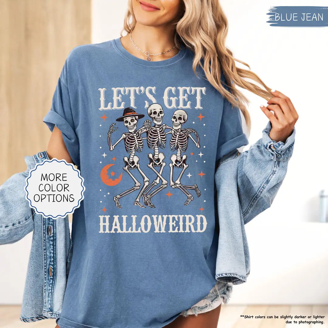 Blue Jean Comfort Colors 1717 T-shirt with Let's Get Halloweird Dancing Skeletons design
