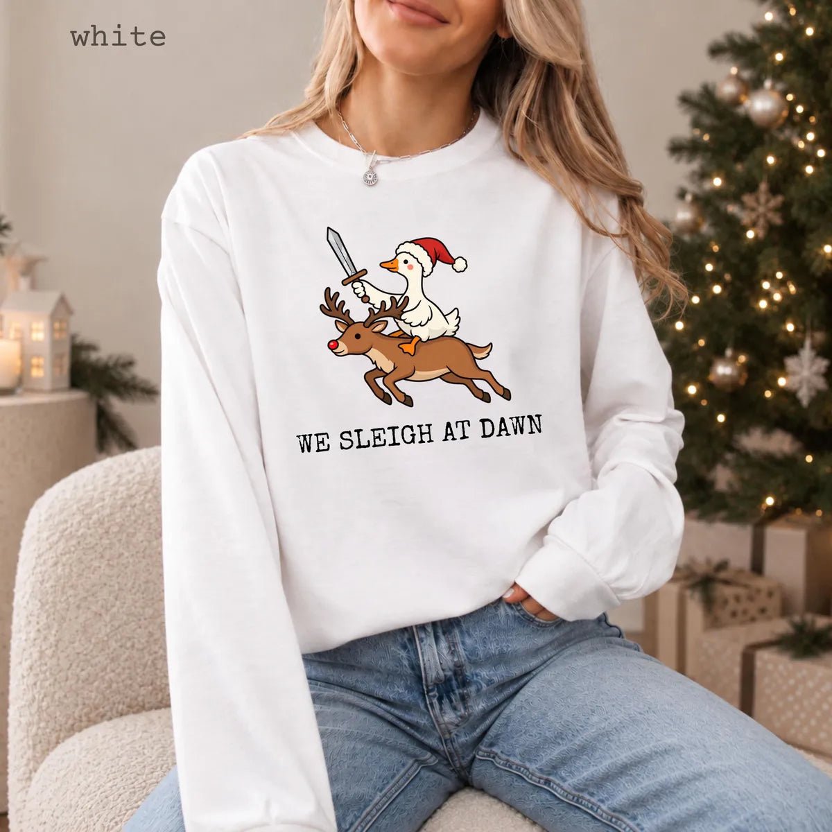 White Comfort Colors 1717 T-shirt with We Sleigh at Dawn Goose design worn by a model