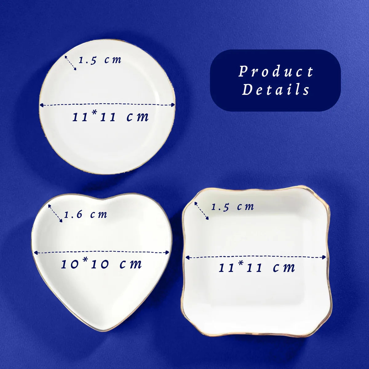 Product details card showing centimeter dimensions of the round, heart, and square ceramic ring dishes