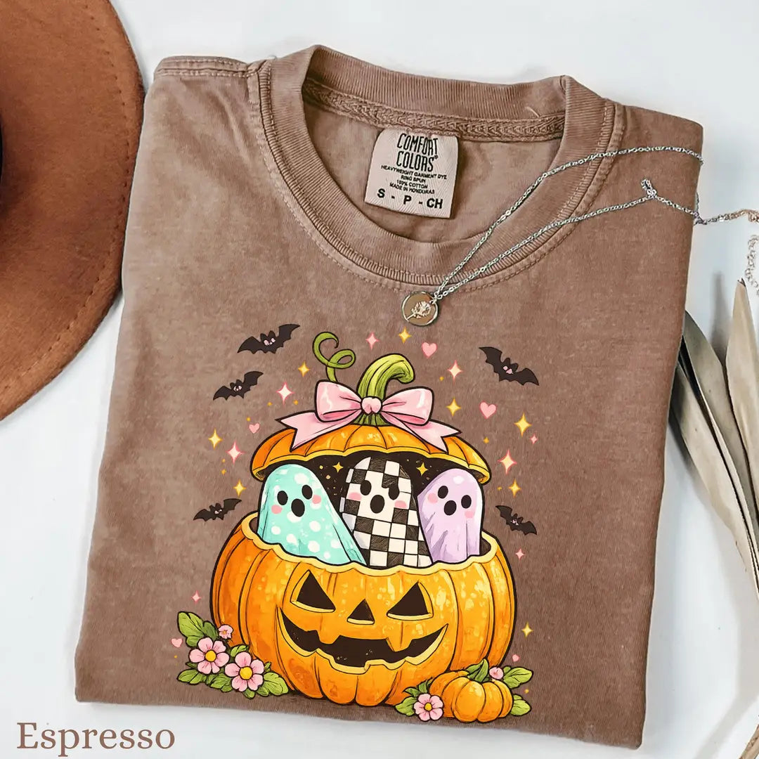 Preppy Pumpkin Ghost Comfort Colors T-Shirt alternate product view in Espresso.