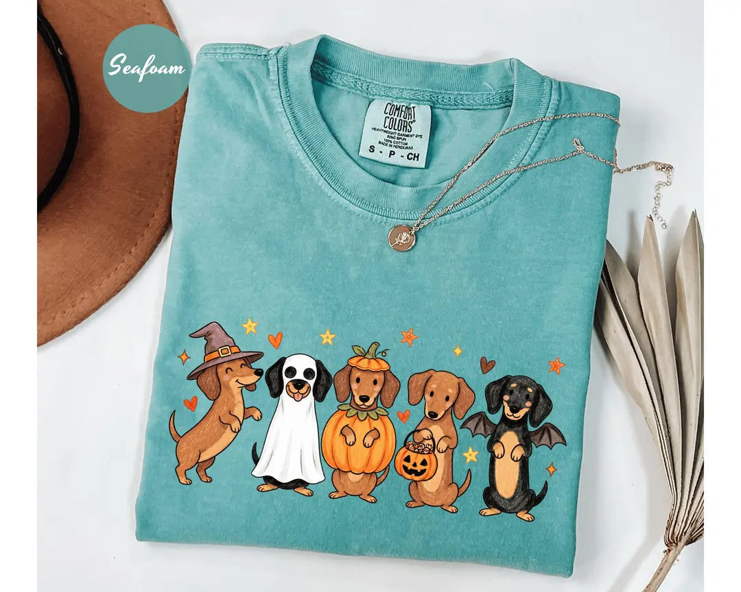 Seafoam Comfort Colors 1717 T-shirt with Halloween Dachshund design