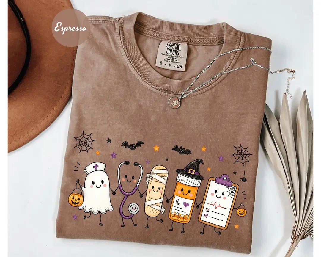 Espresso Comfort Colors 1717 T-shirt with Halloween Nurse Doodle design