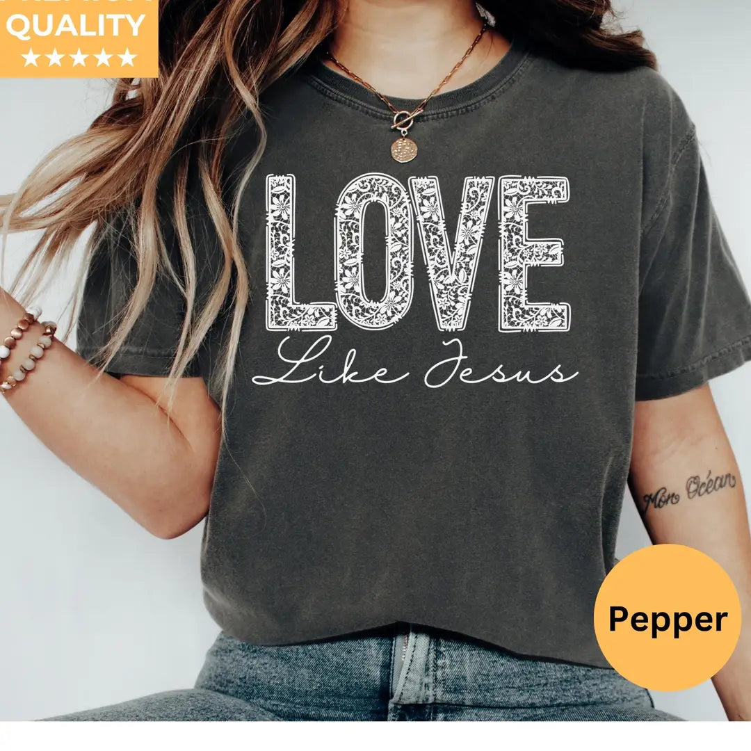 Pepper Comfort Colors 1717 T-shirt with Love Like Jesus design, hero view.