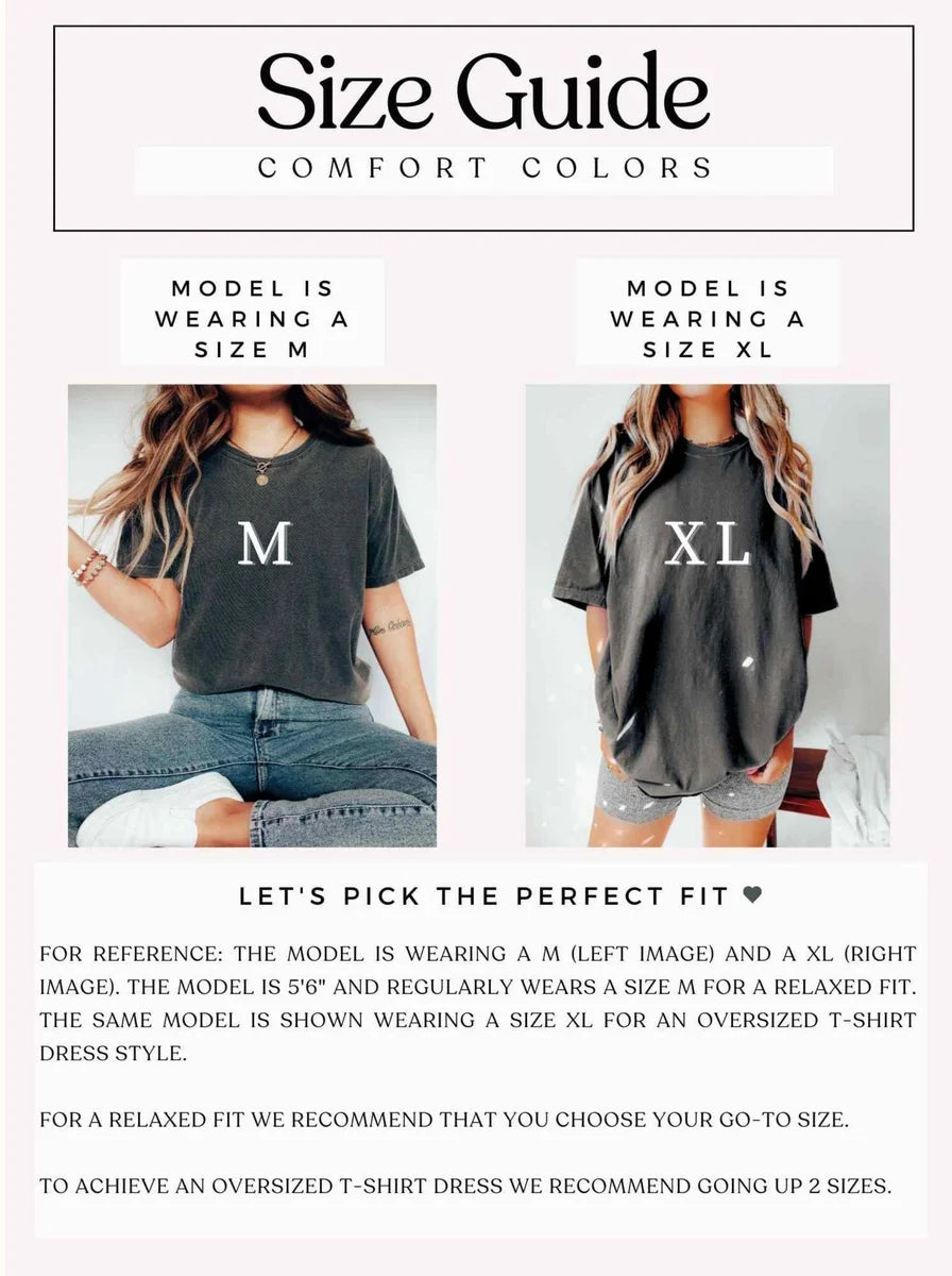 Comfort Colors 1717 T-shirt size chart showing the available adult garment measurements.