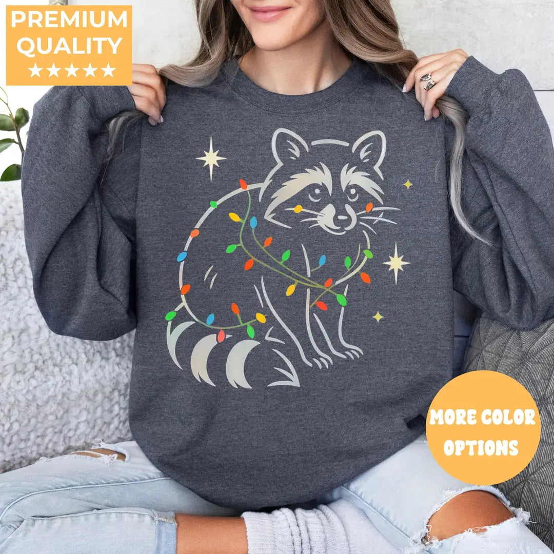 MILITARY GREEN Crewneck sweatshirt with Raccoon Christmas design, alternate product view.