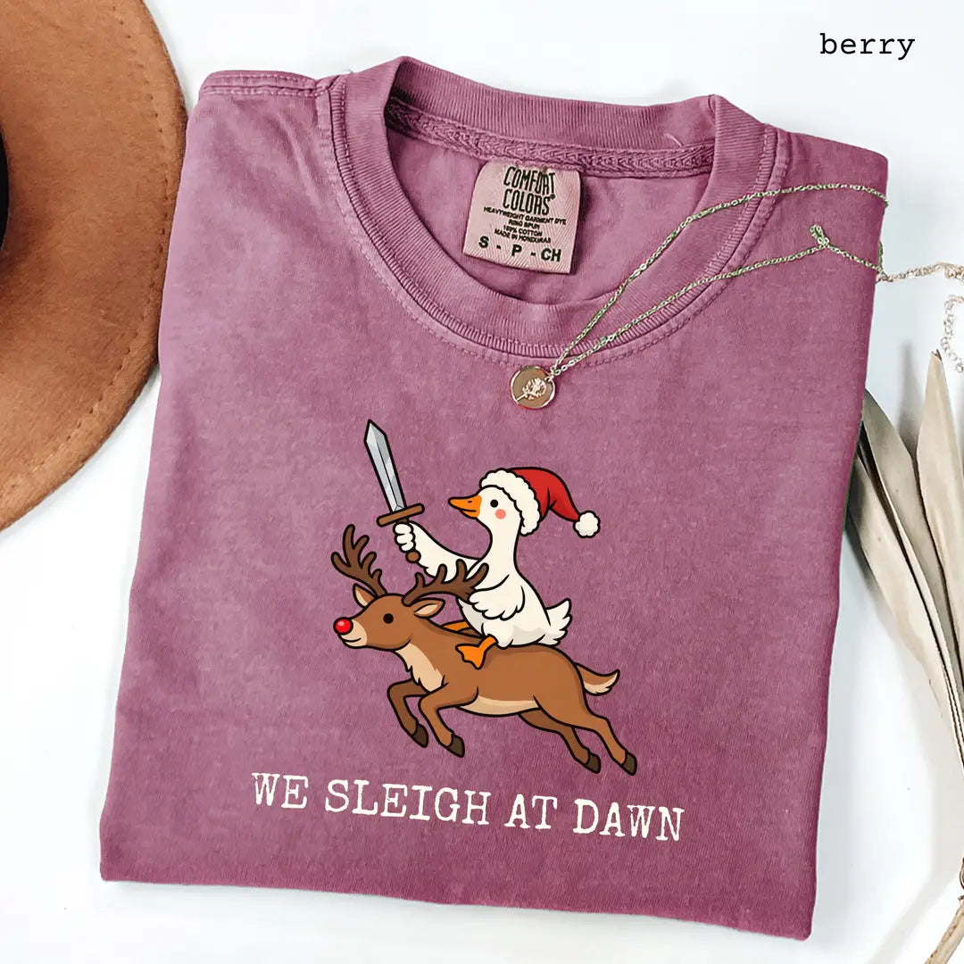 Comfort Colors 1717 T-shirt with We Sleigh at Dawn Goose design worn by a model view 6