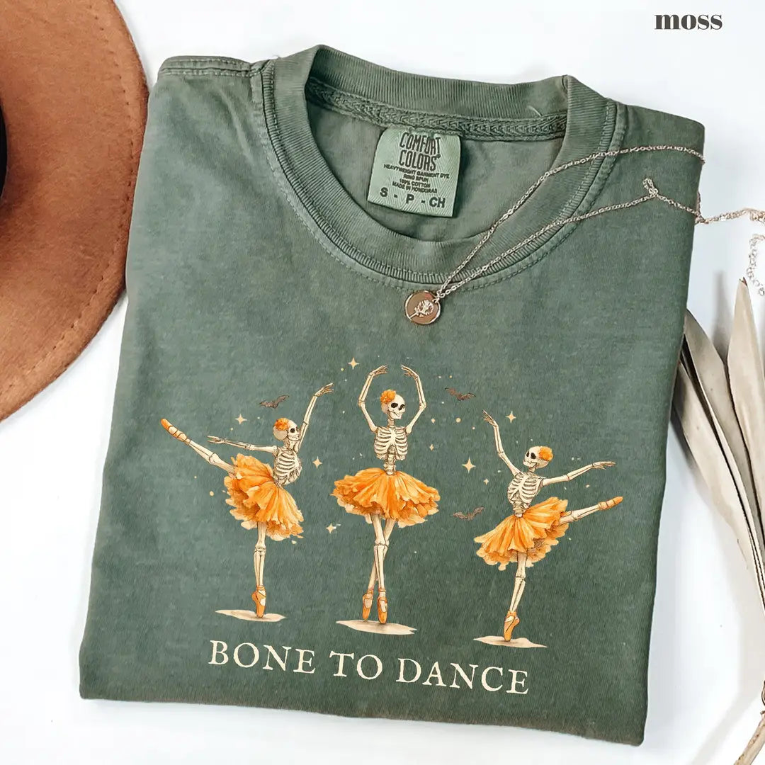 Moss Comfort Colors 1717 T-shirt with Bone To Dance design worn by a model view 2