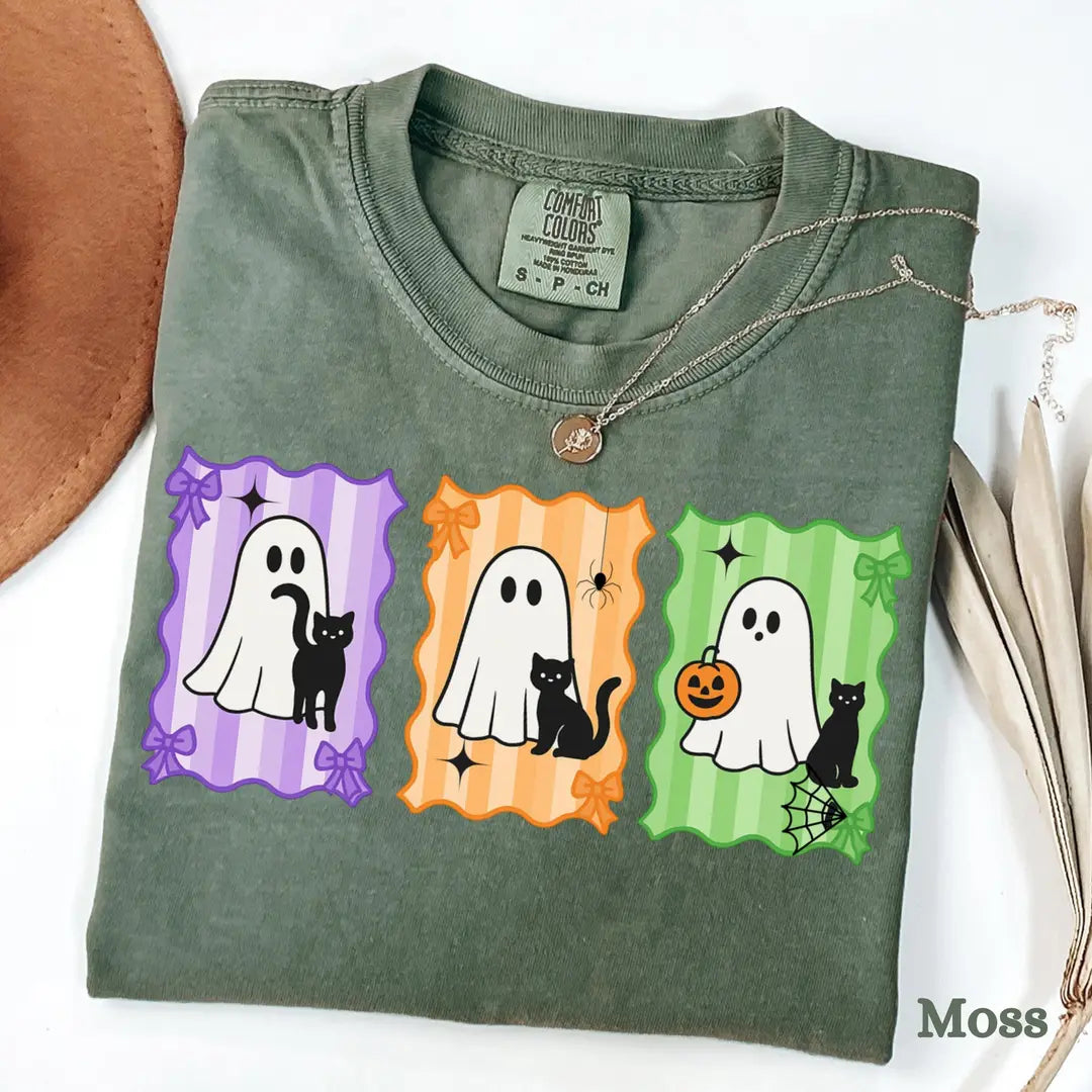 Colorful Ghost & Black Cat Panels - Halloween Comfort Colors T-Shirt alternate product view in Moss.
