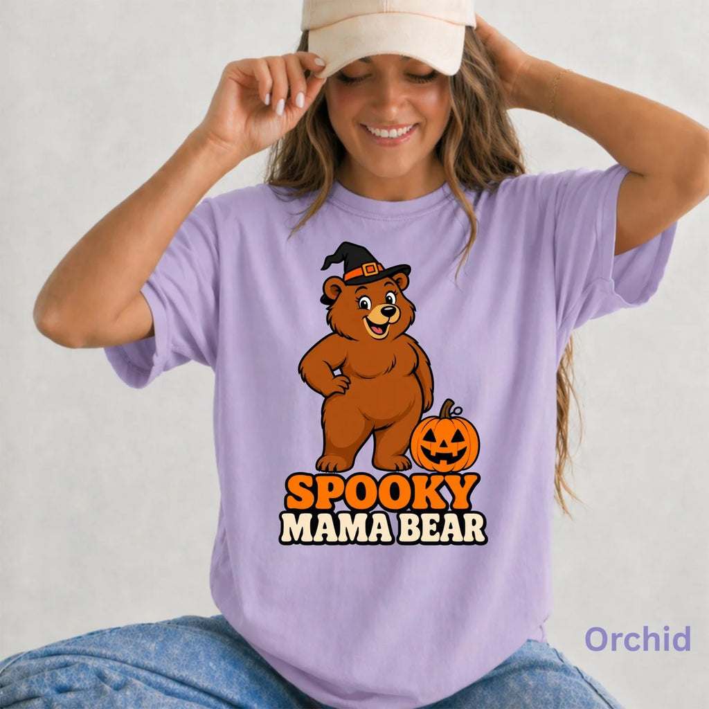 Spooky Mama Bear Halloween Comfort Colors T-Shirt alternate product view in Orchid.